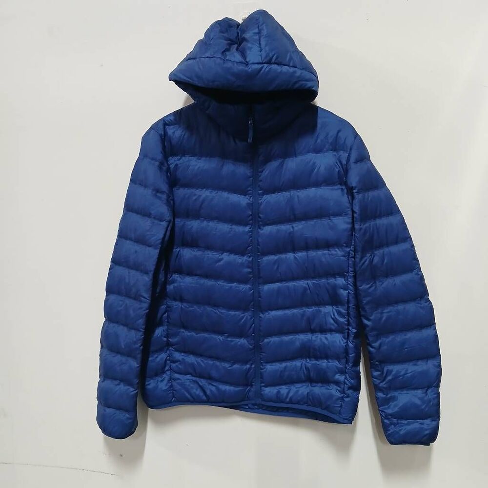 Uniqlo mens medium cobalt blue down jacket packable hoodie lightweight quilted